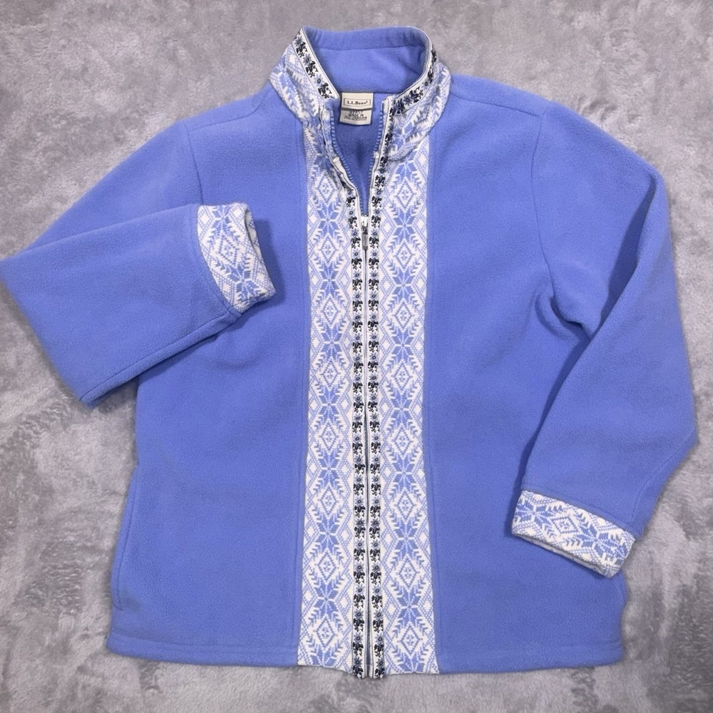 LL Bean Fleece Jacket Womens Medium Light Blue Nordic Fair Isle Full Zip
